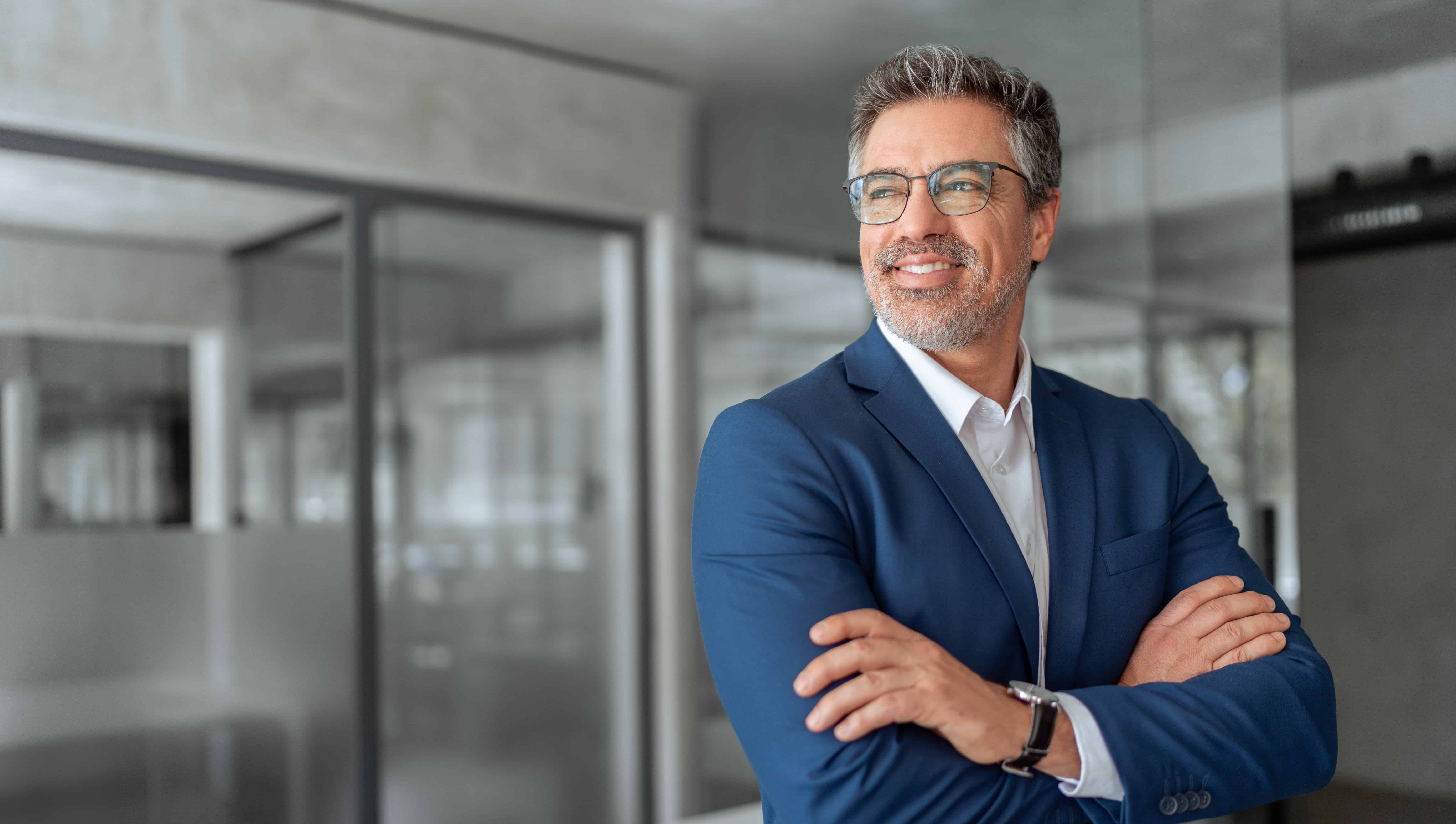 Portrait motivated executive confident senior business man specialist looking dreaming at copy space